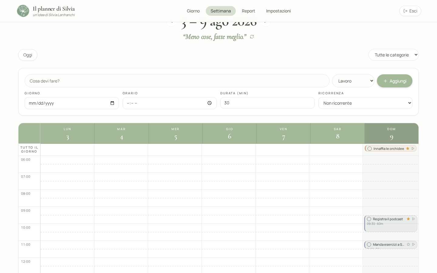 Vista settimanale di Tempo leggero come un planner cartaceo